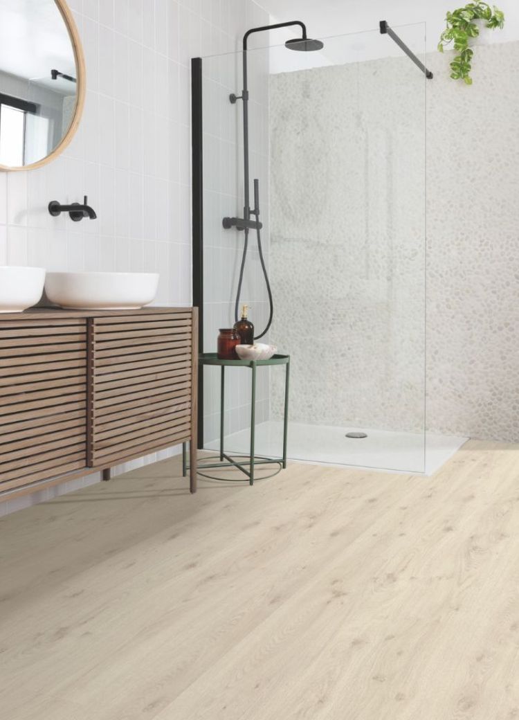 hardwood flooring and custom tile shower in Lethbridge AB in stylish bright bathroom