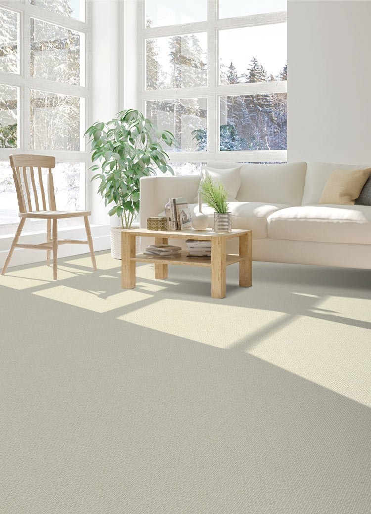 cream carpet in living room with white couch and wood coffee table