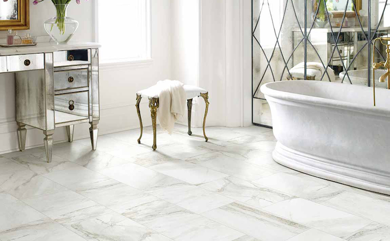 waterproof marble look porcelain tile flooring in a bright elegant bathroom