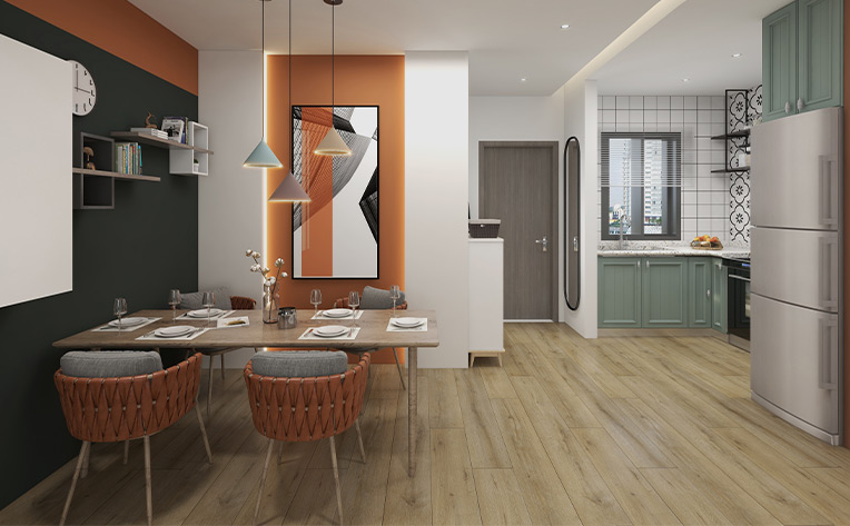 vinyl plank flooring in midcentury modern kitchen